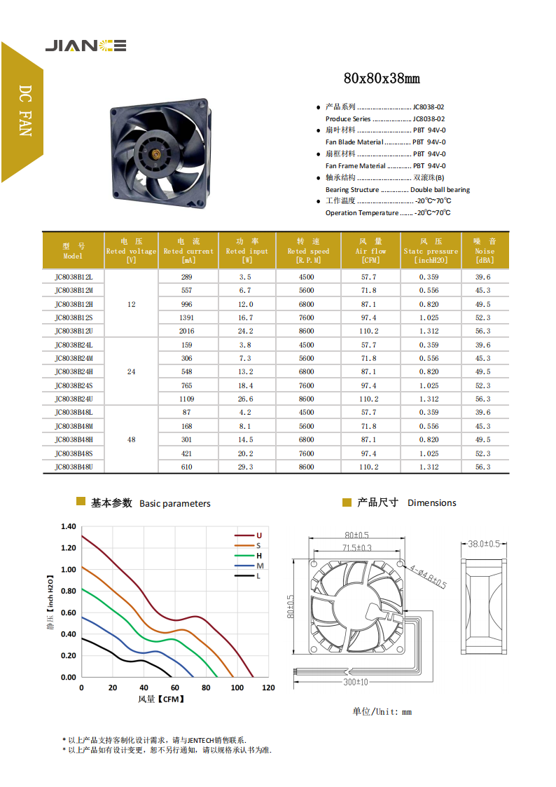 jence健策轴流风扇 JC8038B48LC2 产品详情说明： 