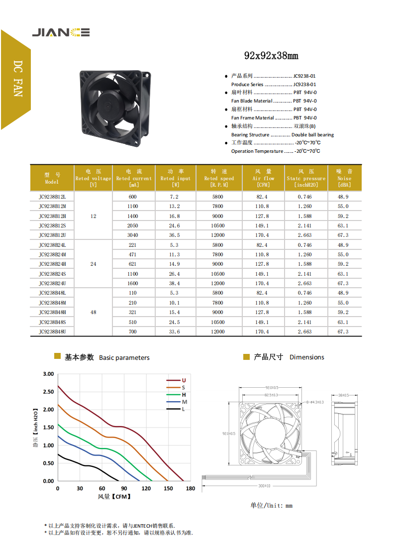 健策jentech JC9238B12LC1 9238直流12V低噪音轴流散热风扇源头工厂