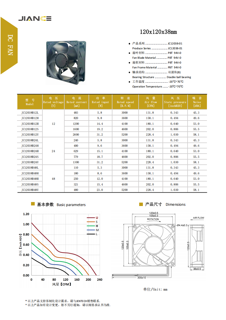 健策电子散热风扇厂家直销 JC12038B48LC1 高性能直流风扇