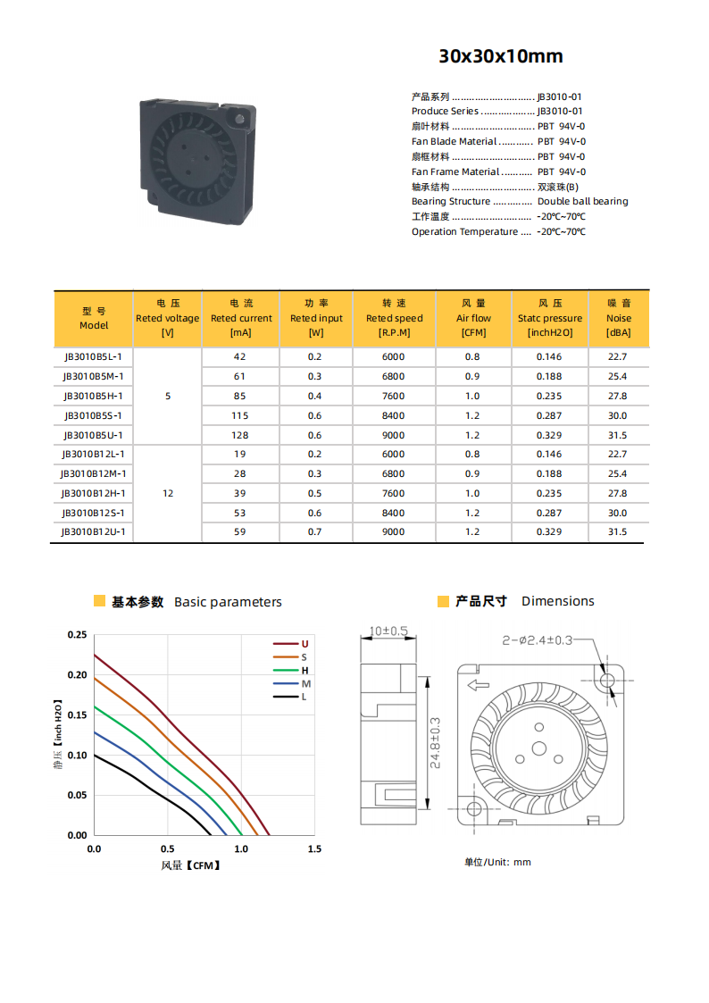健策 JB3010B12H-1 12VDC 鼓风机 30x30x10mm 高转速双滚珠散热风扇 PBT 94V-0 材质