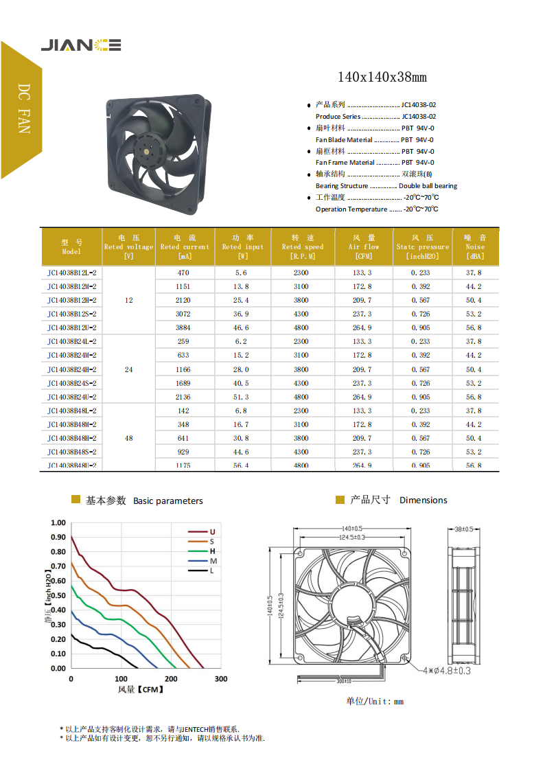健策48V直流轴流散热风扇JC14038B48U-2 4800RPM 双滚珠工业级冷却风扇