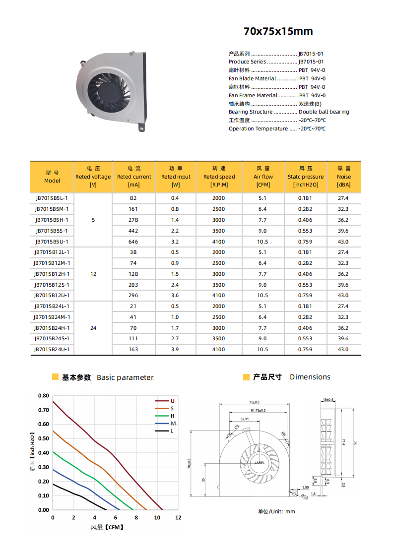 JB7015B5M-1 5V 鼓风机风扇 | 70x75x15mm 双滚珠轴承散热风扇厂家直供